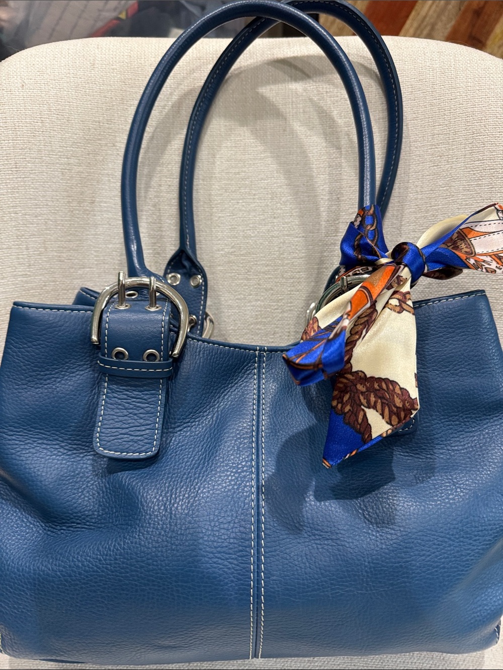Tiganello Blue Leather Shoulder Bag with Decorative Scarf